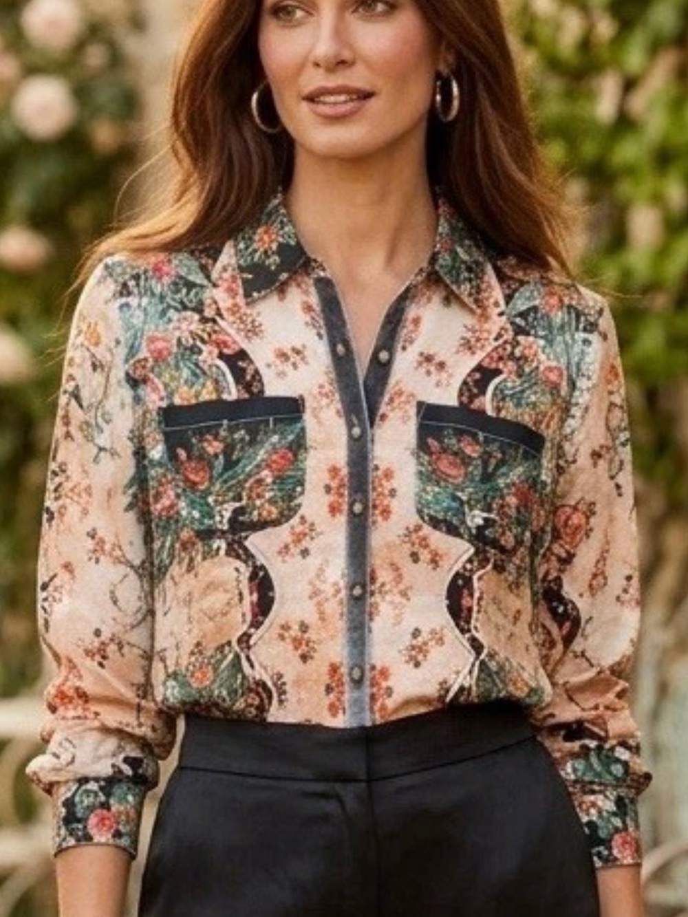 Aratta Silent Journey Floral Western Button Down Blouse w/Velvet Trim Large NWT